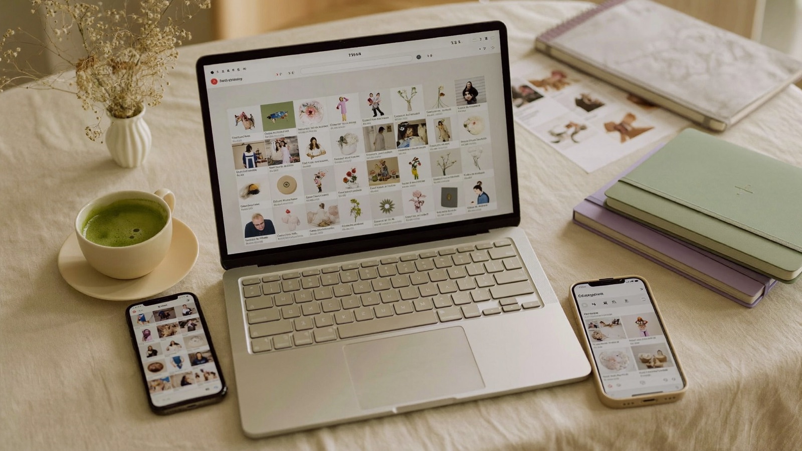 Laptop and phones showing a Pinterest feed on a soft cream desk - planning pins that drive digital product sales