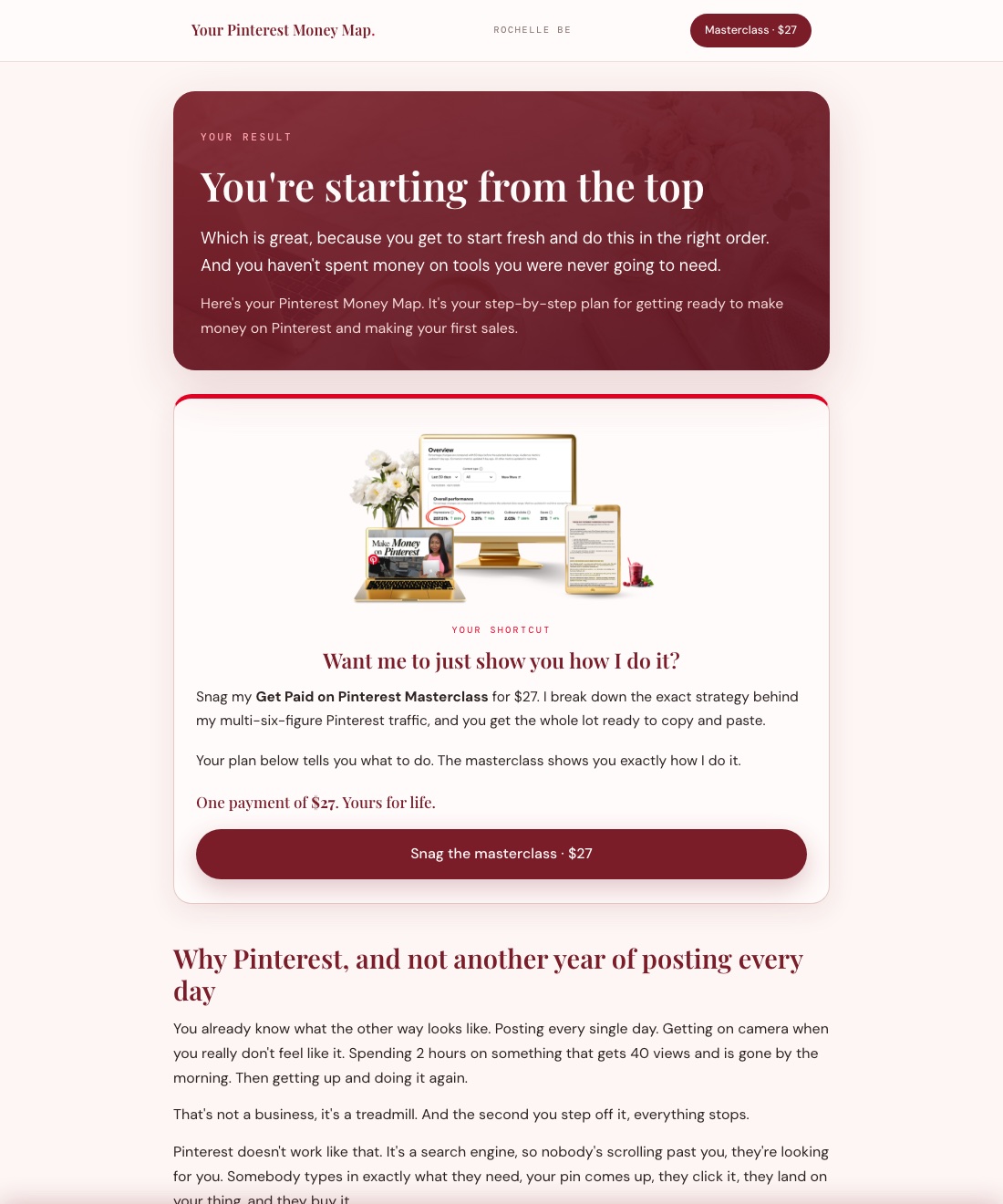 The Pinterest Money Map quiz result, showing a personalised step-by-step plan to make money on Pinterest