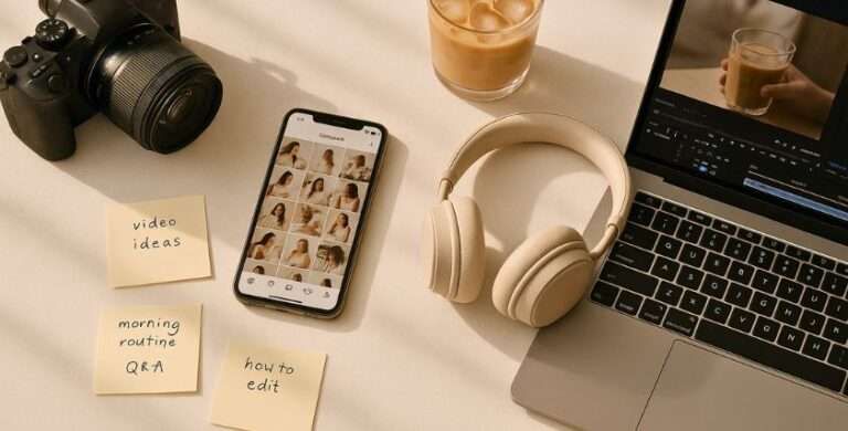Aesthetic flat lay of a digital marketing and content creation workspace for busy entrepreneurs batch-planning social media content in 5 hours.