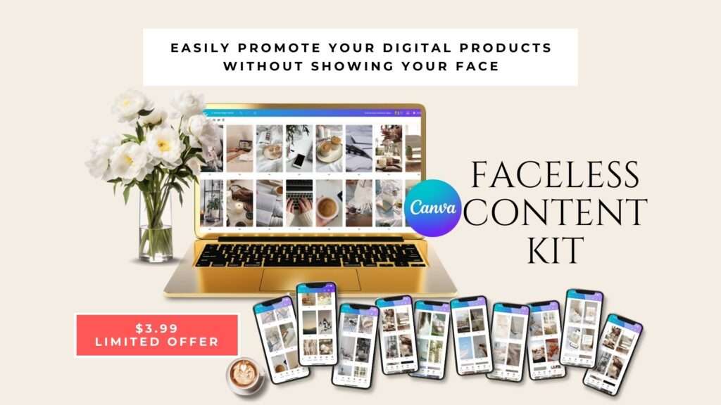 Flat lay of a digital marketing workspace featuring faceless content creation tools, ideal for entrepreneurs using PLR products to boost visibility, streamline content creation, and start faceless marketing online.
