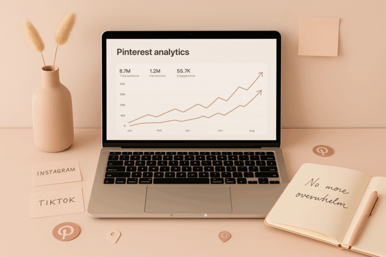 A mockup of a laptop showing digital product sales and pinterest marketing strategies