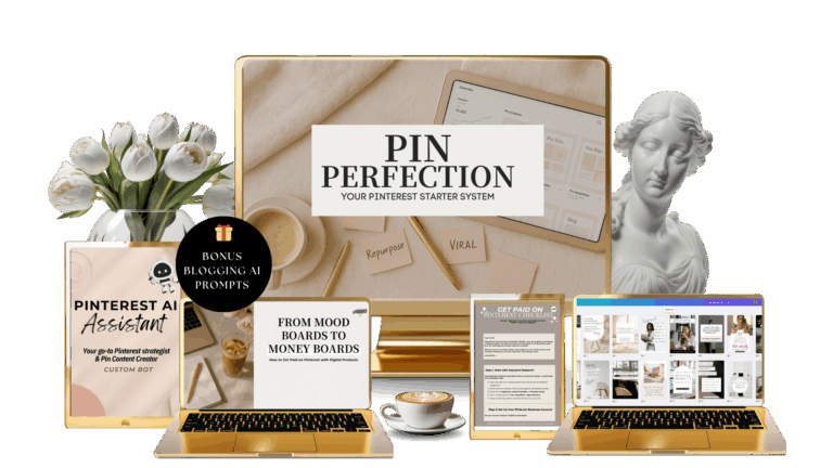 Mockup image of digital product sales using the Pin Perfection AI-powered Pinterest marketing system interface"